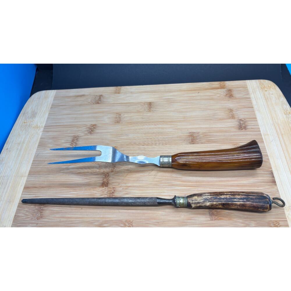 Vintage Carving Fork & Butcher Sharpening Steel Stag Handle Rustic Kitchen Set